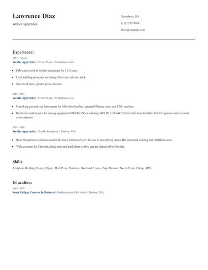 Welder Apprentice Resume
