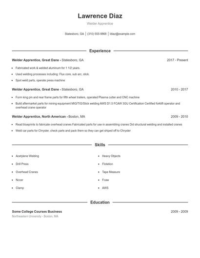Welder Apprentice Resume