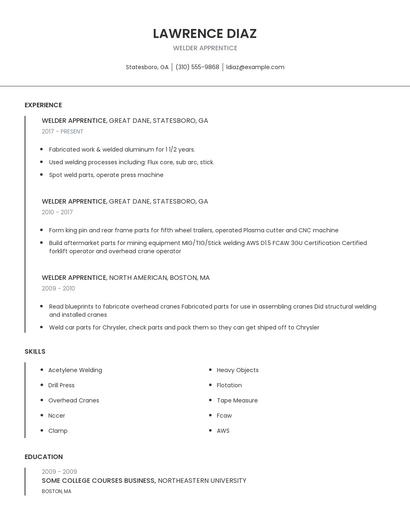 Welder Apprentice Resume