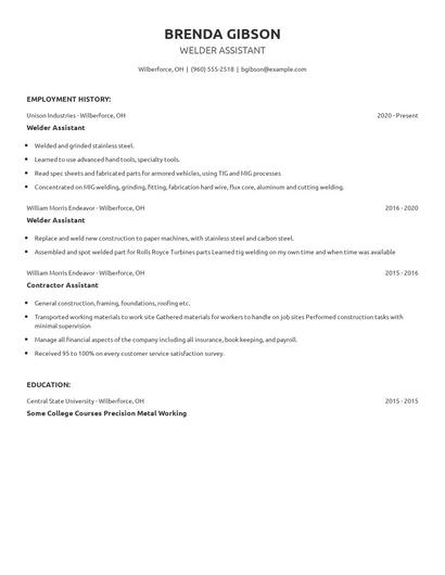 Welder Assistant Resume