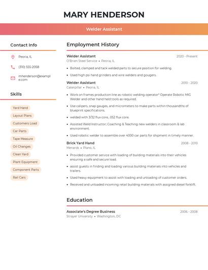 Welder Assistant Resume