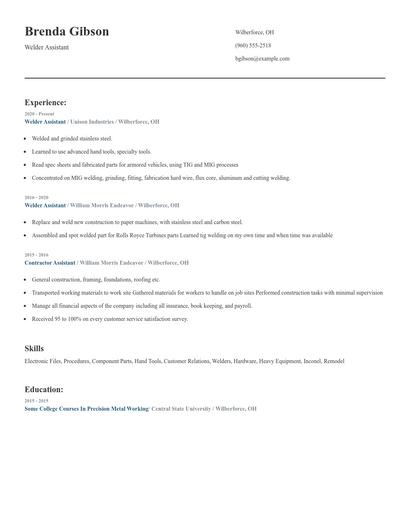 Welder Assistant Resume