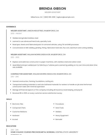 Welder Assistant Resume