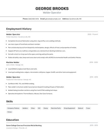 Welder Operator Resume