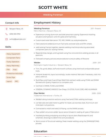 Welding Foreman Resume