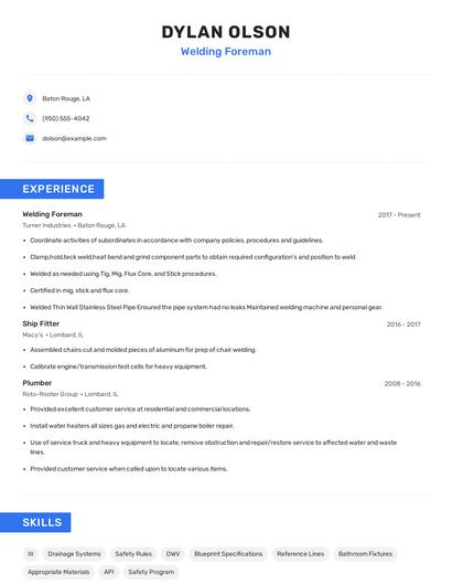 Welding Foreman Resume