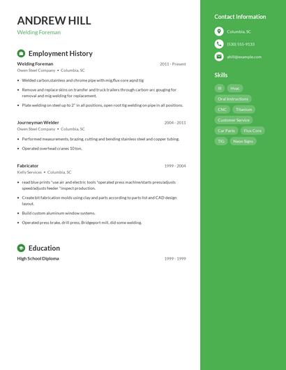 Welding Foreman Resume