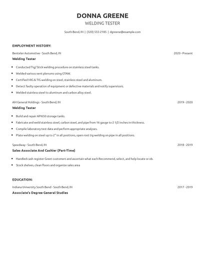 Welding Tester Resume