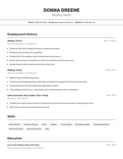 Welding Tester Resume