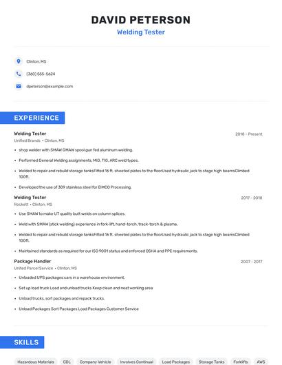 Welding Tester Resume