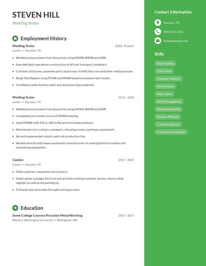 Welding Tester Resume