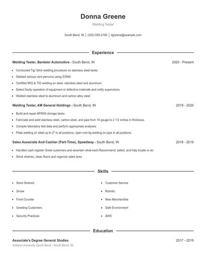 Welding Tester Resume
