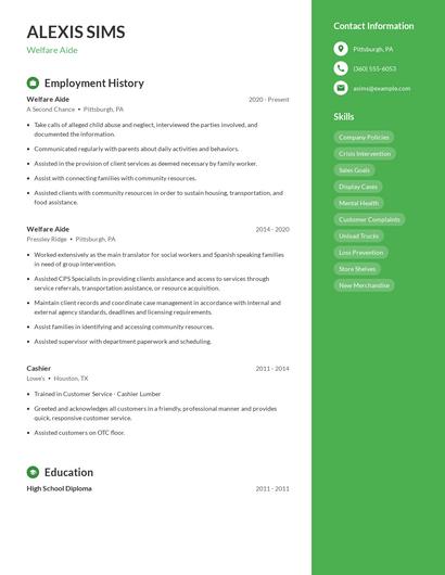 Welfare Aide Resume