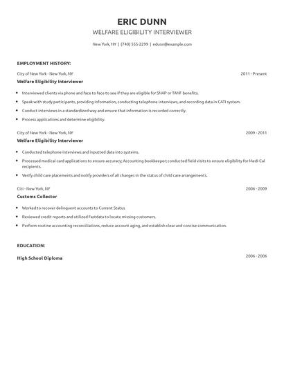 Welfare Eligibility Interviewer Resume