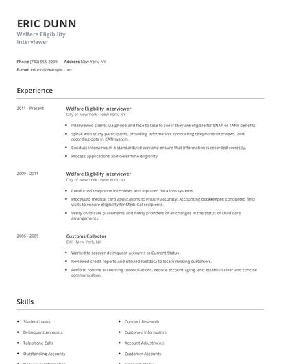 Welfare Eligibility Interviewer Resume