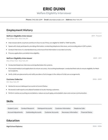 Welfare Eligibility Interviewer Resume