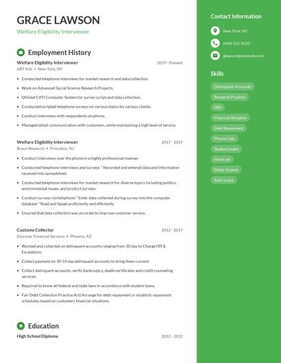 Welfare Eligibility Interviewer Resume