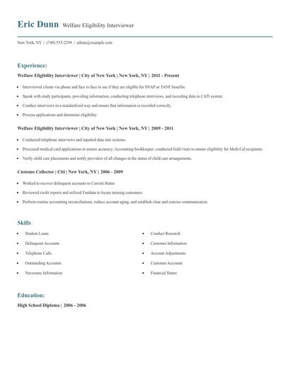 Welfare Eligibility Interviewer Resume