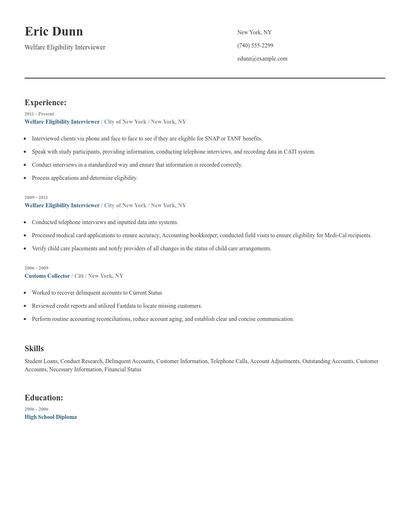 Welfare Eligibility Interviewer Resume