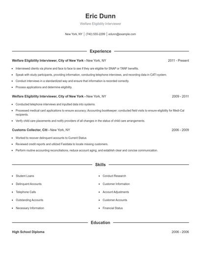 Welfare Eligibility Interviewer Resume