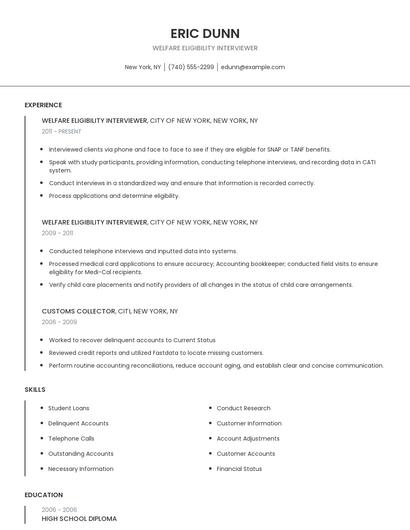 Welfare Eligibility Interviewer Resume