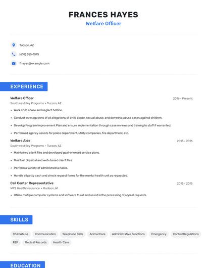 Welfare Officer Resume