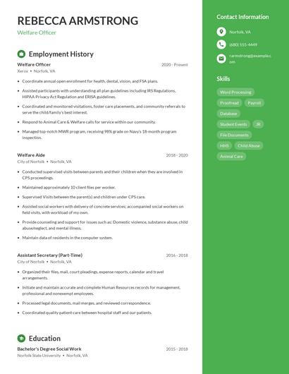Welfare Officer Resume