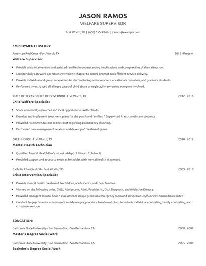Welfare Supervisor Resume