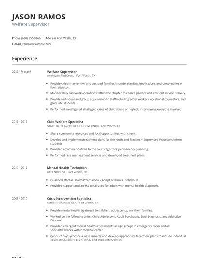 Welfare Supervisor Resume