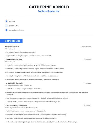 Welfare Supervisor Resume