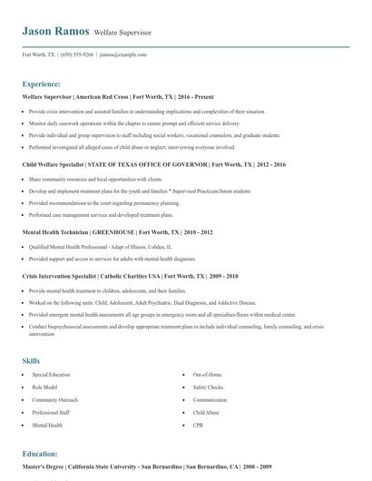 Welfare Supervisor Resume