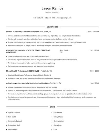 Welfare Supervisor Resume