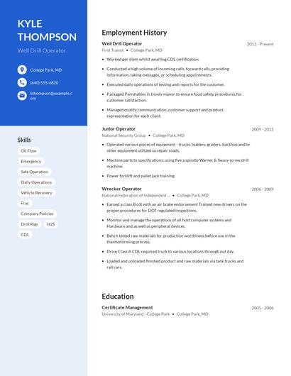 Well Drill Operator Resume