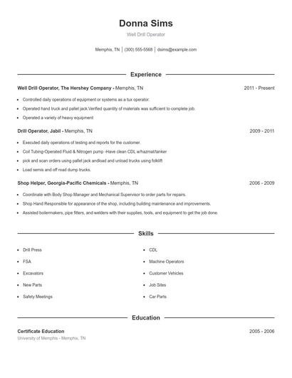 Well Drill Operator Resume