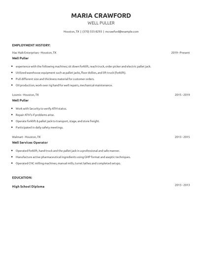 Well Puller Resume