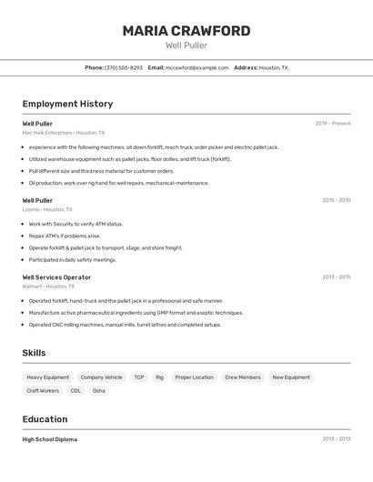 Well Puller Resume