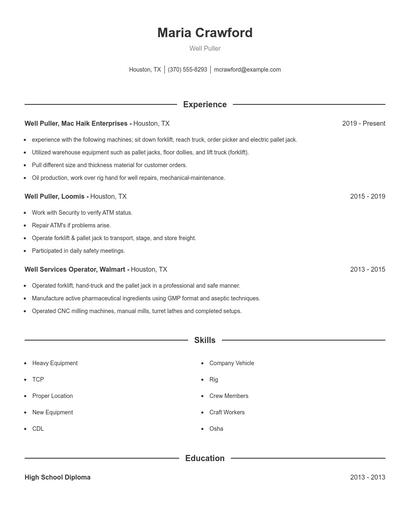 Well Puller Resume