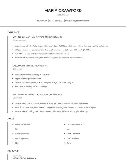 Well Puller Resume