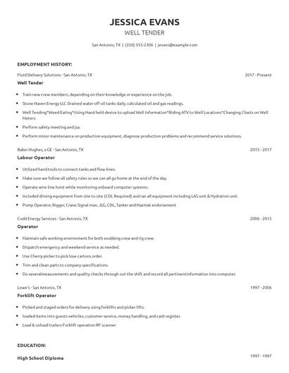 Well Tender Resume