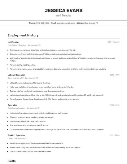 Well Tender Resume