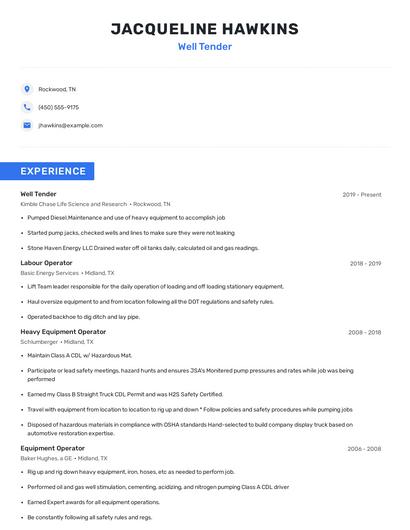 Well Tender Resume
