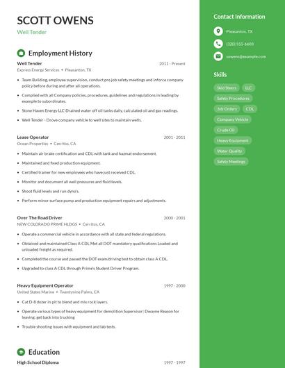 Well Tender Resume
