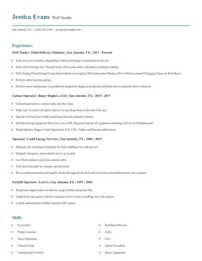 Well Tender Resume