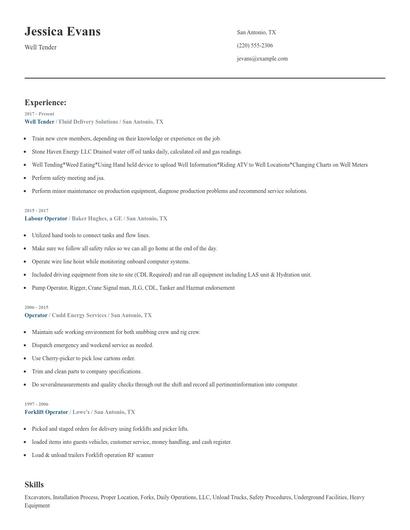 Well Tender Resume
