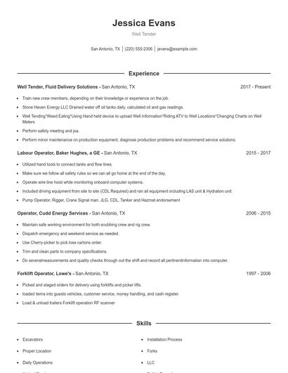 Well Tender Resume