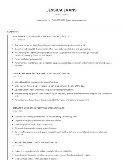Well Tender Resume