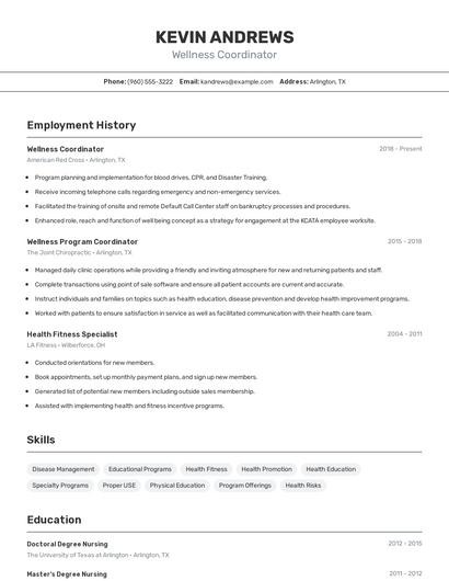 Wellness Coordinator Resume