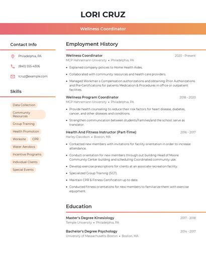 Wellness Coordinator Resume