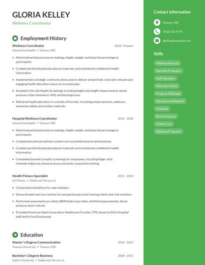 Wellness Coordinator Resume