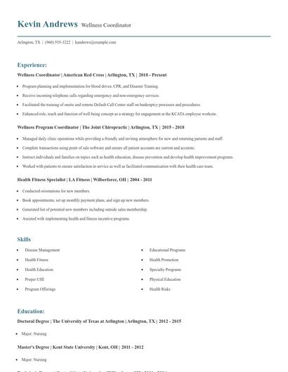 Wellness Coordinator Resume